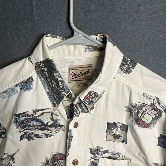 Woolrich Button Up Shirt Mens Large White Camping All Over Print AOP Outdoors - Picture 4 of 9